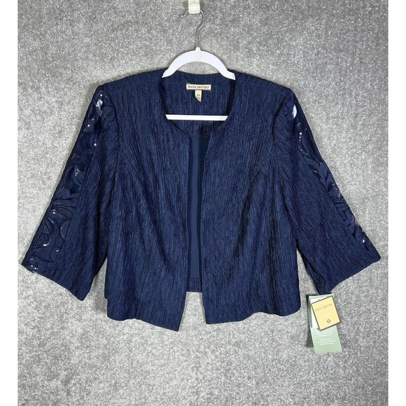Maya Brooke Crinkle Sequin Lace Open Front Blazer Jacket Women 14W Navy Blue NWT - Picture 1 of 16